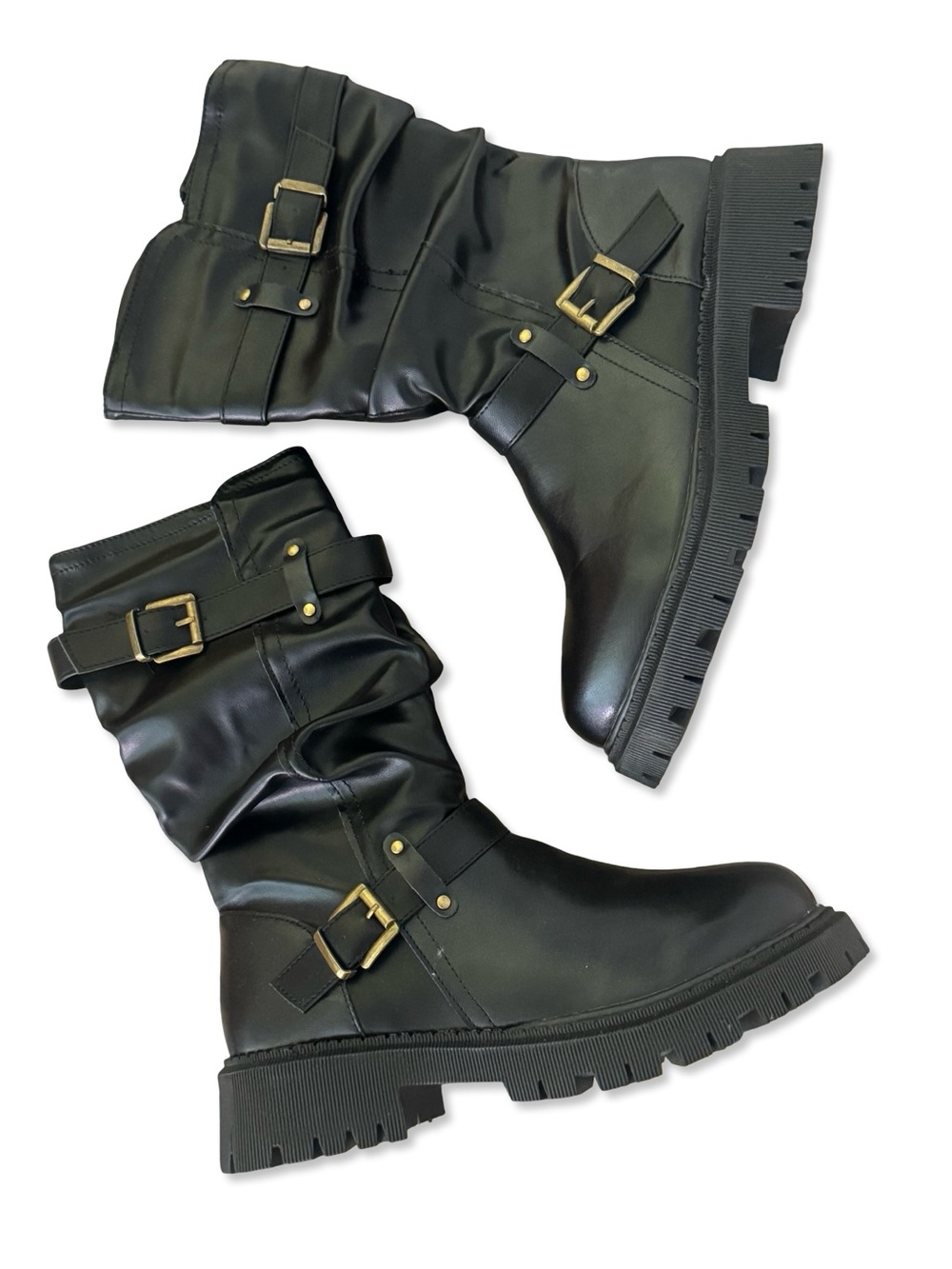 Black Moto Combat Boots Buckle Strap Lug Sole Mid Calf NWOT - Picture 3 of 11